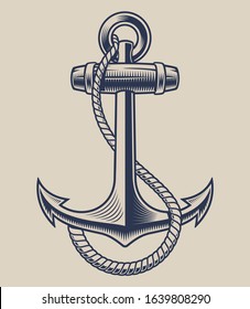 Vector illustration of an anchor with a rope in the engraving style. Isolated