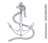 Vector illustration of Anchor with rope in hand drawn outline style. Linear drawing of ship equipment for nautical design and sailing projects. Etched sketch for marine and coastal decorations.