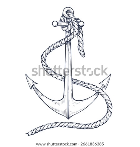 Vector illustration of Anchor with rope in hand drawn outline style. Linear drawing of ship equipment for nautical design and sailing projects. Etched sketch for marine and coastal decorations.
