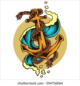 vector illustration of anchor rope and sea wave