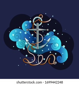 
Vector illustration of an anchor in the sea. Beautiful inscription. Card.
