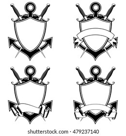 Vector illustration anchor, shield with ribbon and crossed marine daggers set.