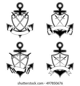 Vector illustration anchor, shield with ribbon and crossed marine daggers set.