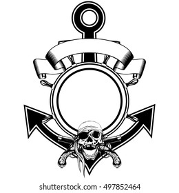 Vector illustration anchor and steering wheel framework and piracy sing skull in cocked hat with crossed old pistols