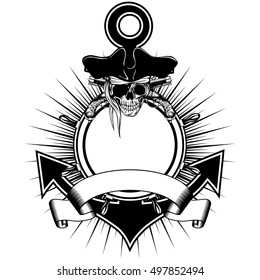 Vector illustration anchor and steering wheel frame and piracy sing skull in cocked hat with crossed old pistols