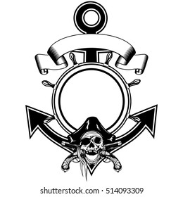 Vector illustration anchor and steering wheel framework and piracy sing skull in cocked hat with crossed old pistols