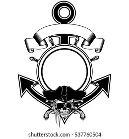 Vector illustration anchor and steering wheel framework and piracy sing skull in cocked hat with crossed old pistols