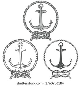 Vector illustration of Anchor surrounded by intertwined rope, black and white