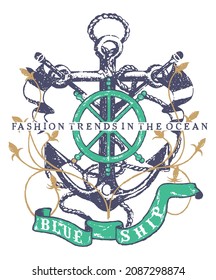Vector illustration of anchor with wheel and text. Nautical art for print on t-shirts, posters, etc...