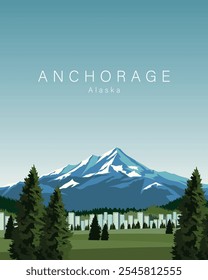 Vector illustration. Anchorage Alaska. Travel poster, banner, postcard, cover. Modern design. Tourism, nature.
