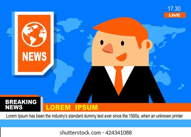 Vector Illustration Anchorman in Breaking NEWS and TV Screen Layout.