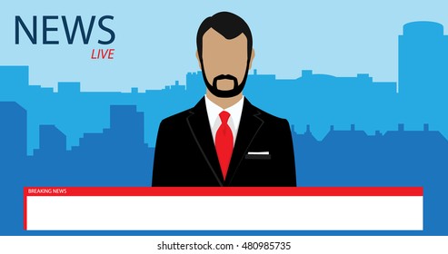 Vector illustration anchorman on tv broadcast news. Media on television concept. Breaking news. TV News with man newsreader or journalist concept background