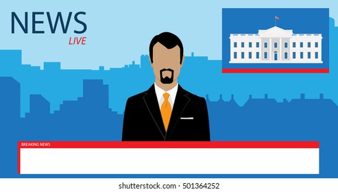 Vector illustration anchorman on tv broadcast news. Media on television concept. Breaking news. TV News with man newsreader or journalist concept background. White house Washington.