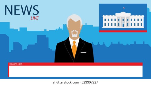 Vector illustration anchorman on tv broadcast news. Media on television concept. Breaking news. TV News with man newsreader or journalist concept background. White house Washington.