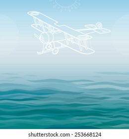 Vector illustration: ancient airplane with a place for the text. Background sea.