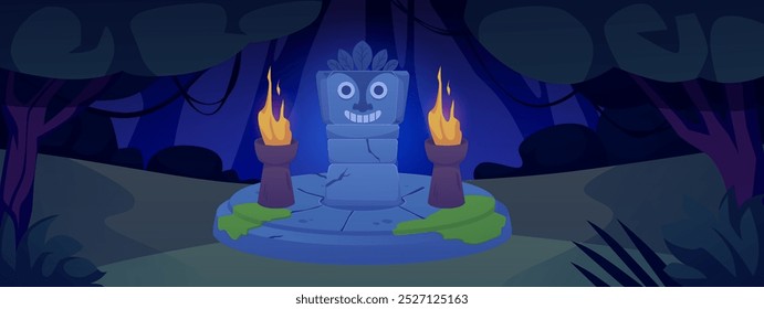 Ilustração vetorial de um antigo altar com um totem e tochas iluminadas contra o pano de fundo de uma floresta noturna. Paisagem florestal com um altar das tribos maia ou astca. Interface do jogo.