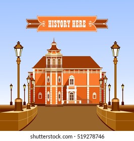 vector illustration ancient architecture beautiful building with garden fencing and lighting equipment suitable for emblems and poster