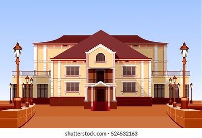 vector illustration ancient architecture beautiful building with garden fencing and lighting equipment