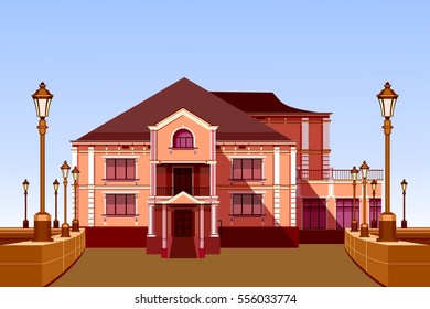 vector illustration ancient architecture beautiful building with garden fencing and lighting equipment
