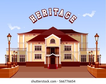 vector illustration ancient architecture beautiful building with garden fencing and lighting equipment