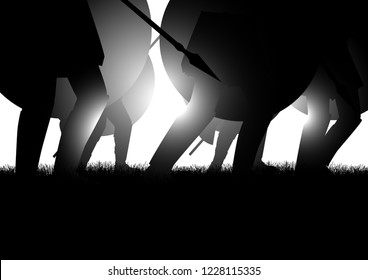 Imagen vectorial de la marcha del antiguo ejército, sosteniendo un escudo y lanza. Invasión, tema histórico de batalla