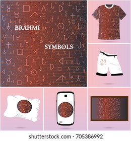 Vector illustration of the ancient Brahmi letters and examples for uses of this pattern