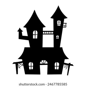 Vector illustration of an ancient castle. Decorative element for horror, Halloween, horror stories. Black silhouette of an abandoned castle with a cobweb on an isolated background.
 EPS10
