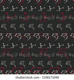 Vector illustration of ancient cave drawings and scripts. Isolated from background. Seamless pattern for gifts, posters, flyers, wallpaper, textile, fabric and scrapbooking.