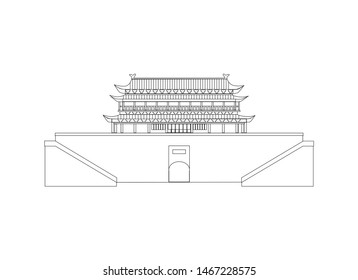 Vector Illustration of Ancient Chinese Architecture Gate with Black and White Lines