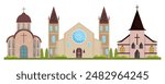 Vector illustration of ancient churches. Cartoon scene of vintage Catholic, Christian churches in Gothic style. Churches with domes, windows, crosses, street lamps, doors, green bushes, grass.