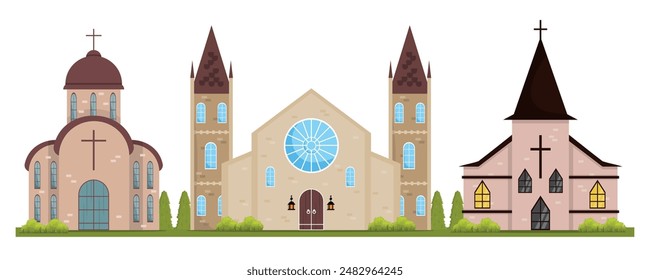 Vektorillustration antiker Kirchen. Cartoon-Szene von katholischen Vintage-Kirchen im gotischen Stil. Kirchen mit Kuppeln, Fenster, Kreuze, Straßenlaternen, Türen, grüne Büsche, Gras.