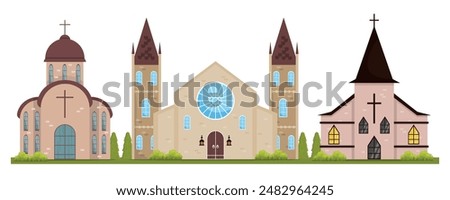 Vector illustration of ancient churches. Cartoon scene of vintage Catholic, Christian churches in Gothic style. Churches with domes, windows, crosses, street lamps, doors, green bushes, grass.