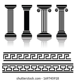 Vector Illustration with  Ancient Columns for Your Design. Greek Pillar Icons. Architectural Logo Design. Silhouettes of Greek Traditional Ornaments