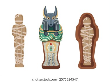 Vector illustration of ancient Egyptian themed artifacts, a mummy in a sarcophagus, an animal statue and a wrapped figure decorated with symbolic ornaments and hieroglyphs on a white background.