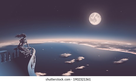 vector illustration of the ancient goddess relaxing on the balcony and she is looking down from heaven to the modern civilization with a beautiful full moon in the background