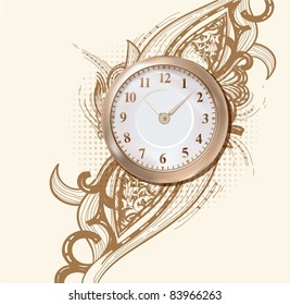 vector illustration of an ancient golden clock on an abstract background with a rich ornament