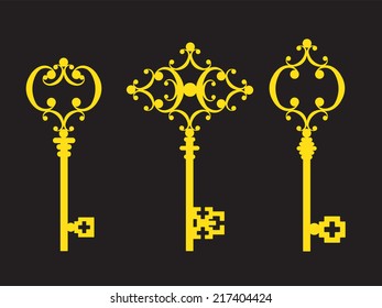 Vector illustration of ancient golden keys with decorative elements