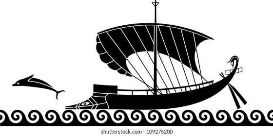 Vector illustration of ancient greece boat and dolphin