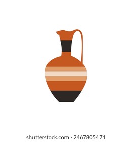 Vector illustration of an ancient Greek amphora with a round shape and a long neck. Antique brown ceramic vase with a smooth striped pattern, ideal for logos or stickers, on an isolated background.