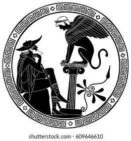 Vector illustration in ancient Greek style. Mythical plot is King Oedipus and Sphinx.