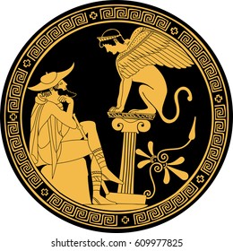 Vector illustration in ancient Greek style. Mythical plot is King Oedipus and Sphinx.