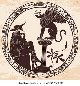 Vector illustration in ancient Greek style. Mythical plot is King Oedipus and Sphinx.