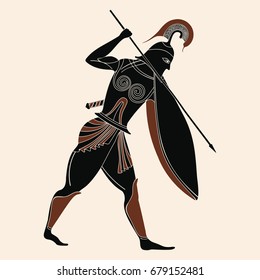 Vector illustration in ancient Greek style. Warrior Greek in armor with a spear in his hands.