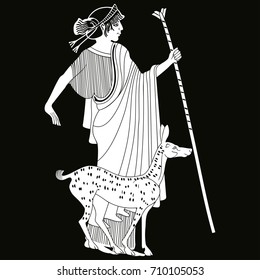 Vector illustration in ancient Greek style. Greek woman. Goddess Artemis with a staff and the forest doe.