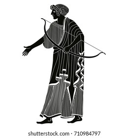 Vector illustration in ancient Greek style. Greek woman. Goddess Artemis with a staff.