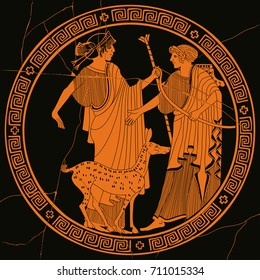 Vector illustration in ancient Greek style. Mythological plot of Apollo and Artemis. A man with a bow in his hands.