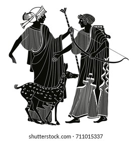 Vector Illustration In Ancient Greek Style. Mythological Plot Of Apollo And Artemis. A Man With A Bow In His Hands.