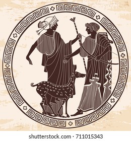 Vector illustration in ancient Greek style. Mythological plot of Apollo and Artemis. A man with a bow in his hands.