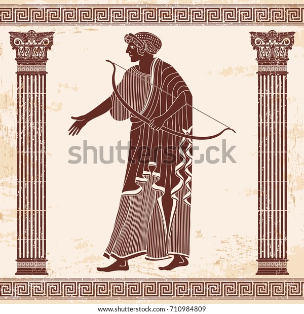 古代ギリシャ風のベクターイラスト ギリシャ人の女性 杖を持つ女神アルテミス のベクター画像素材 ロイヤリティフリー