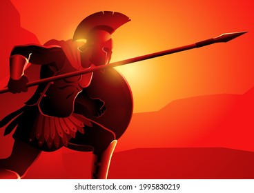 Vector illustration of ancient greek warrior in ready to fight position, Achilles, was a hero of the Trojan War